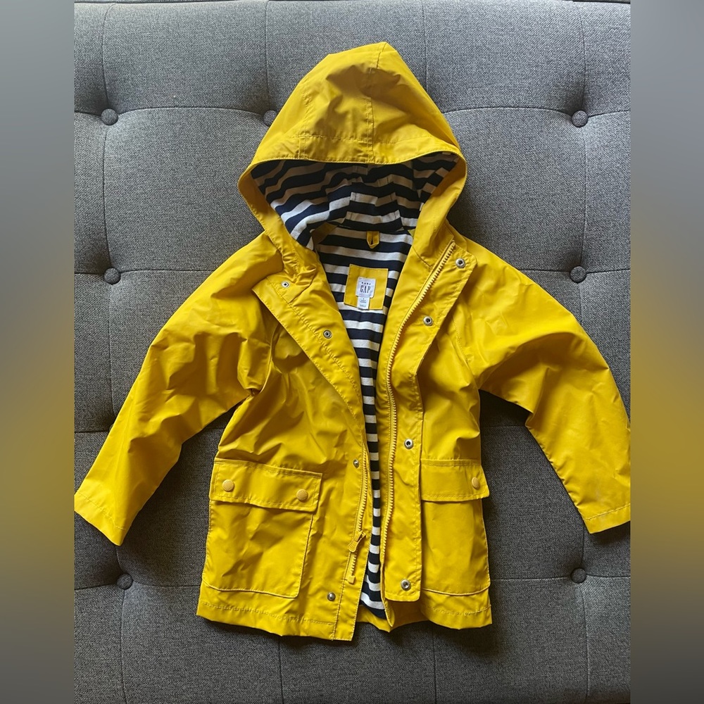 Baby Gap yellow raincoat with blue and white stripped liner